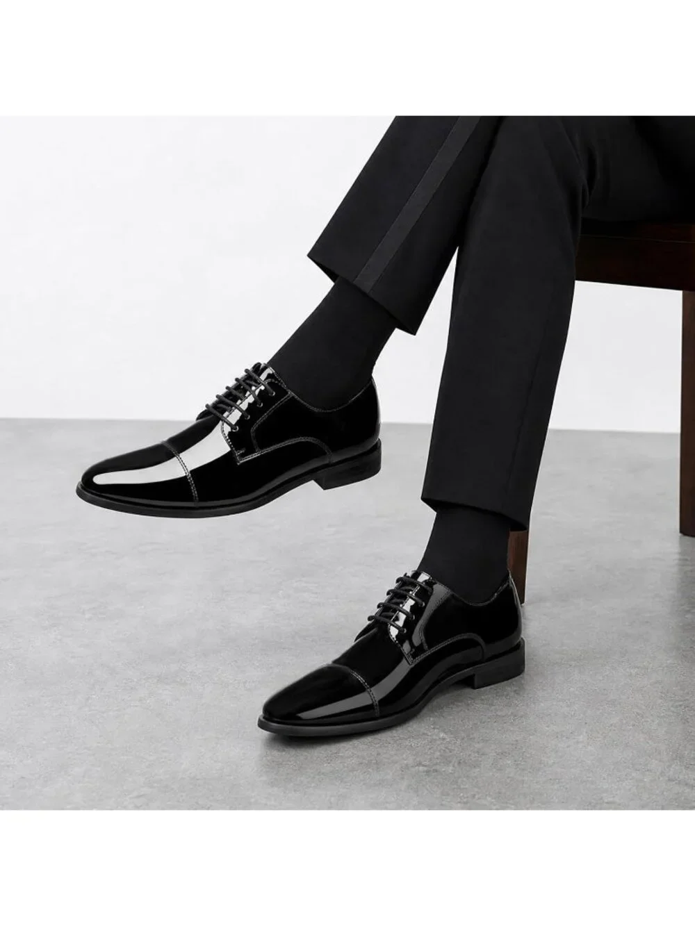 Men Black Patent Leather Shiny Cap Toe Formal Wedding Derby Oxford Tuxedo Shoes